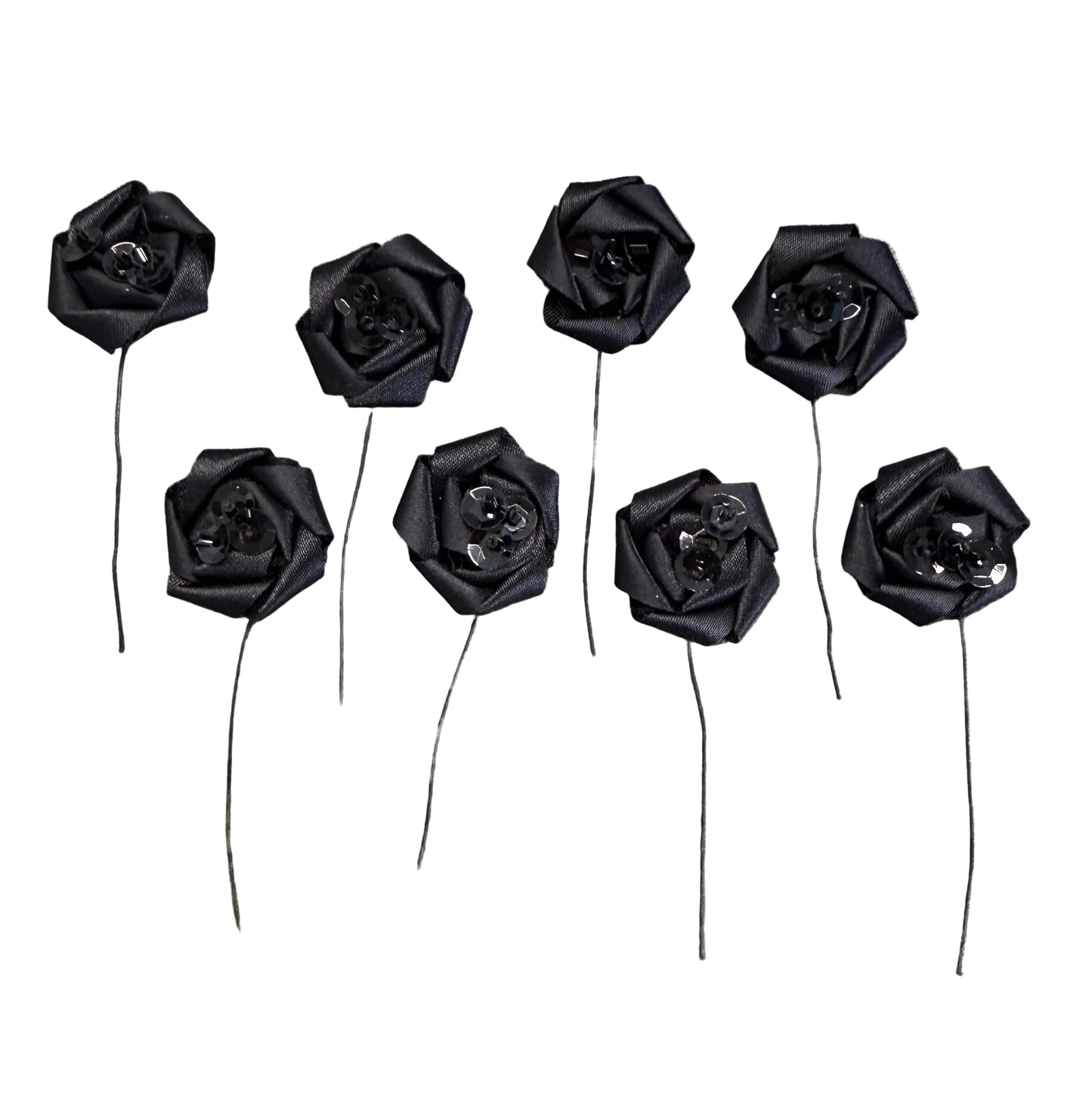 Black Satin Ribbon Roses with Wire Stems – Set of 8, 1"