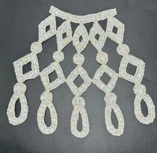 Designer Motif Neckline with Iridescent Sequins and Silver Beads 6.5" x7"
