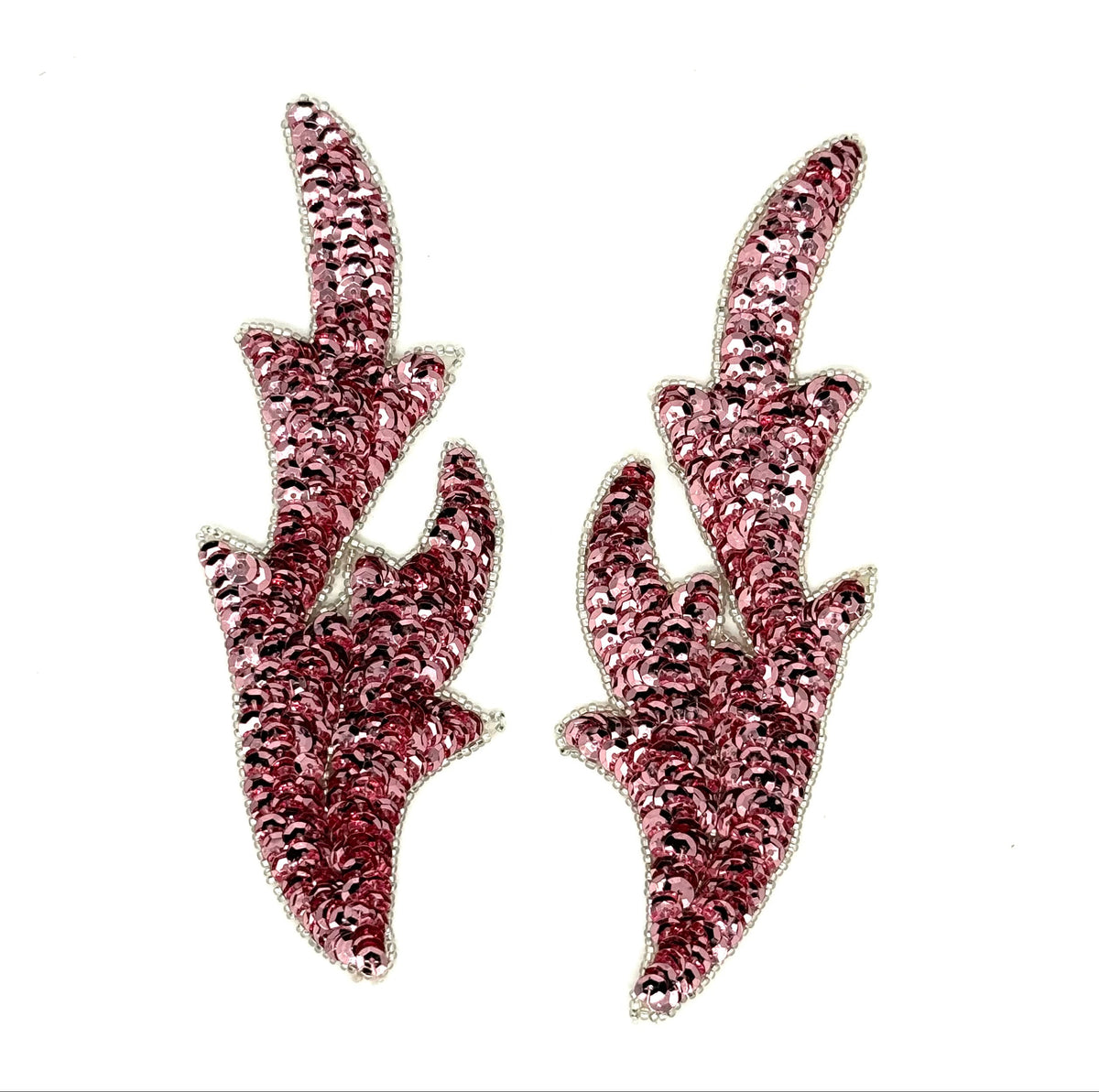 Orchid Purple Sequin Leaf Appliqué Pair with Glass Beads, 7" x 2.5"