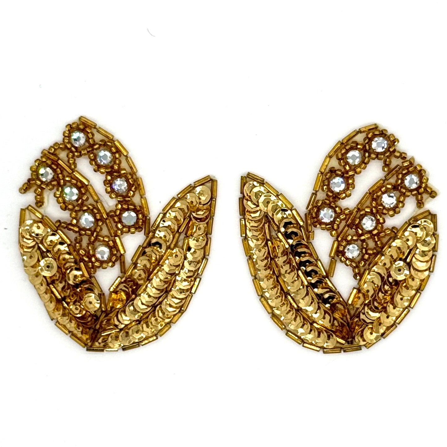 Flower Pair Appliqué – Gold Sequins, Bugle & Glass Beads with Rhinestones 3" x 2.5"