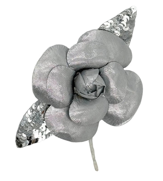 Raised Silver Satin Flower Appliqué with Sequin Leaves, 5" x 5"
