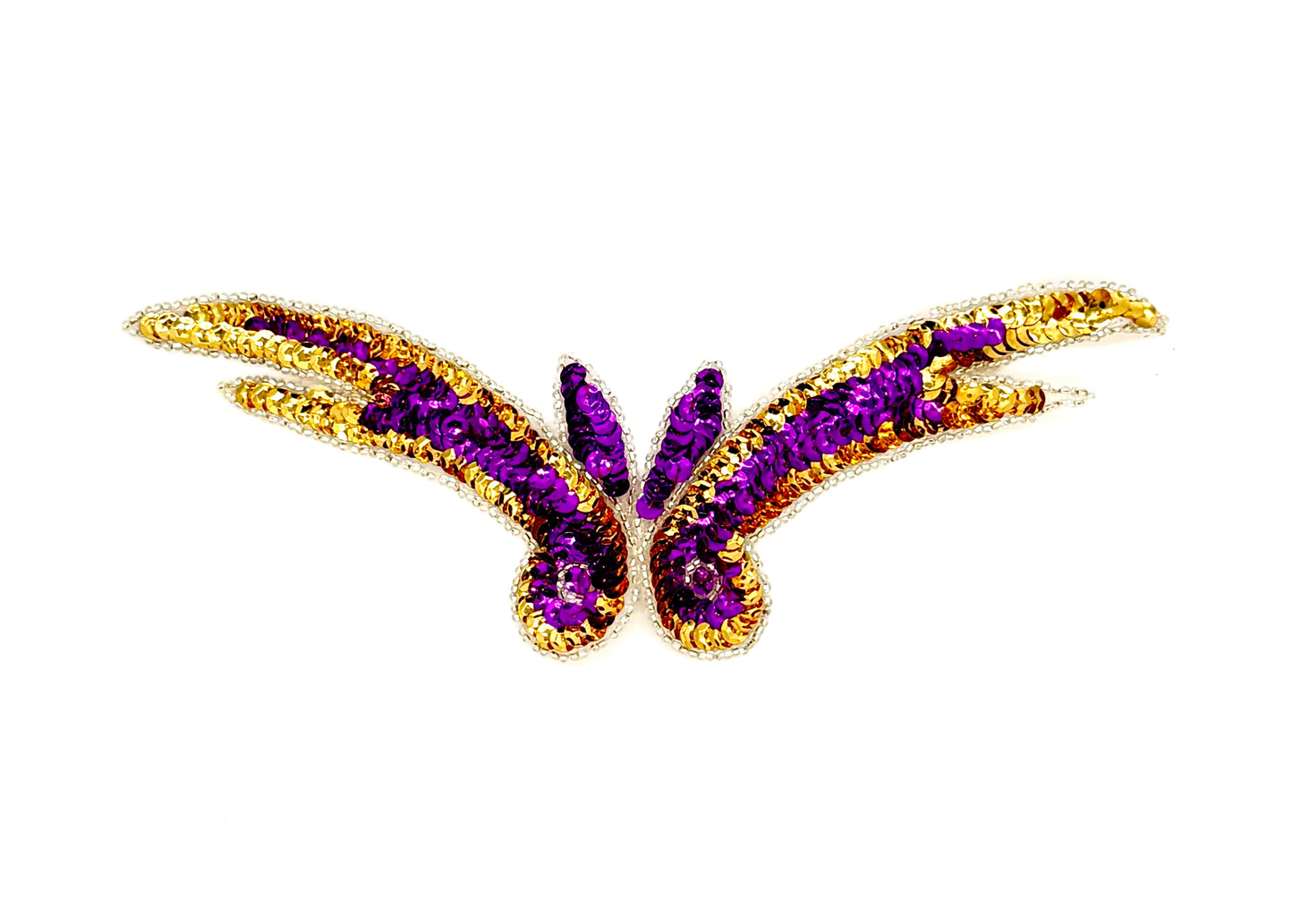 Designer Motif Wing - Purple/Gold Sequins - silver Beaded Trim 9”x 3”
