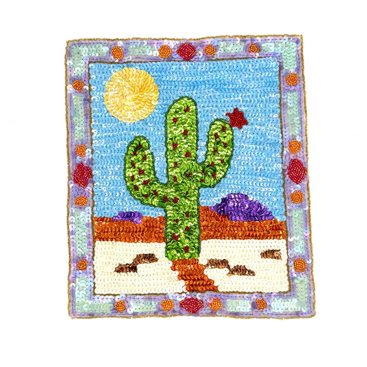 Aplique de cactus hecho a mano estilo suroeste con lentejuelas y abalorios multicolor de 28 cm x 24,7 cm