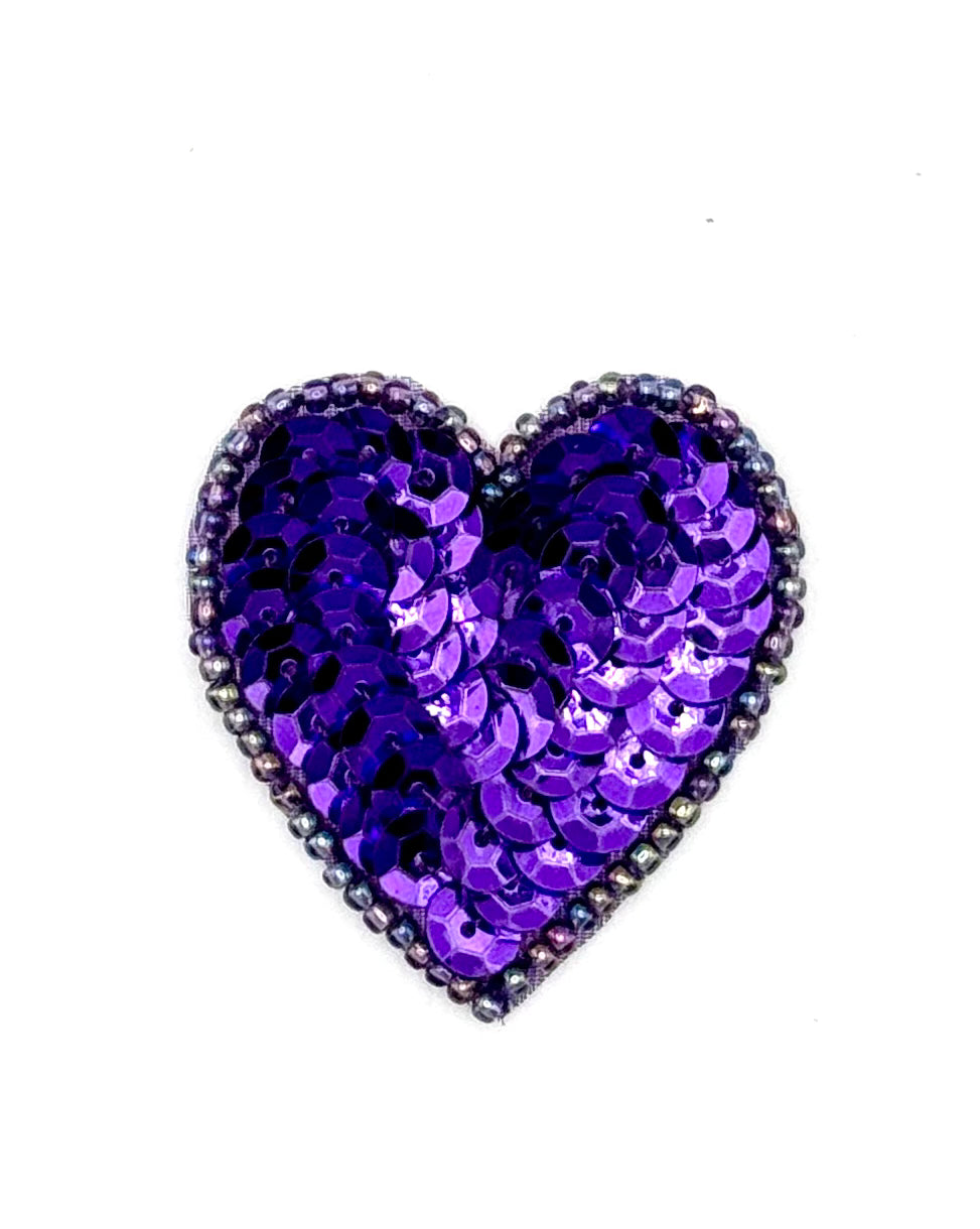 Choice of Size 1.25”, 1.5”, 2” and 3” Purple Heart with Purple Sequins and Beads