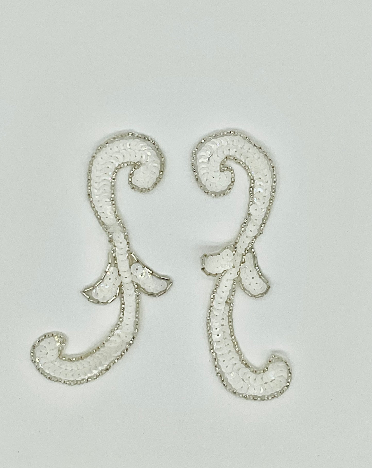Designer Motif Pair with Iridescent White or White Sequins and Silver Beads 6" x 3"