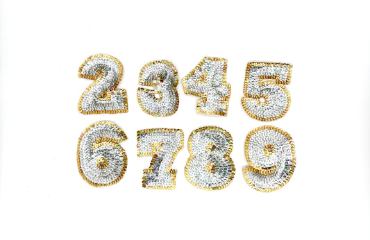 3.5” Sparkly Number Appliqué - Silver Sequins - Gold Sequin Trim
