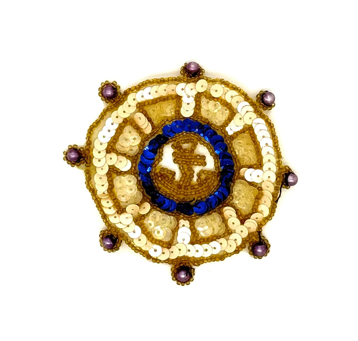 Ships Wheel - Blue/Iridescent Sequins - Gold Beads 3"