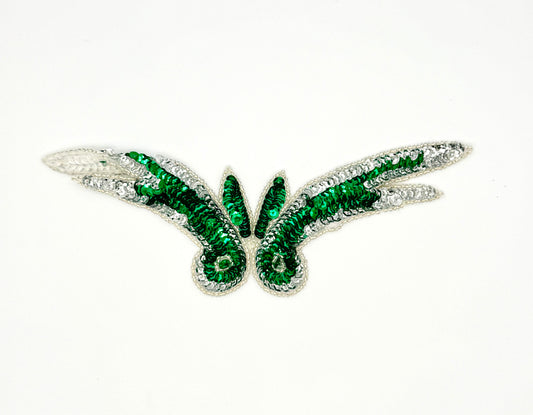Ala con motivo de diseñador - Su elección de lentejuelas verde esmeralda/plateado o verde lima/plateado - Adorno de cuentas plateadas 9" x 3"