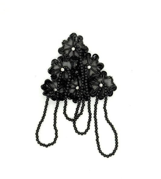 Epaulet - Black Sequins - Black Beads - Clear Rhinestones 6" x 4"