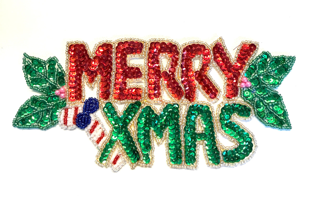 Feliz Navidad palabra lentejuela roja y verde con cuentas de 8" x 3.75"