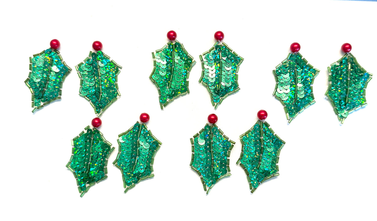 Holly Berry Leaf Sequin & Bead Appliqué - 2.25" x 1.5" - Singles or Pairs