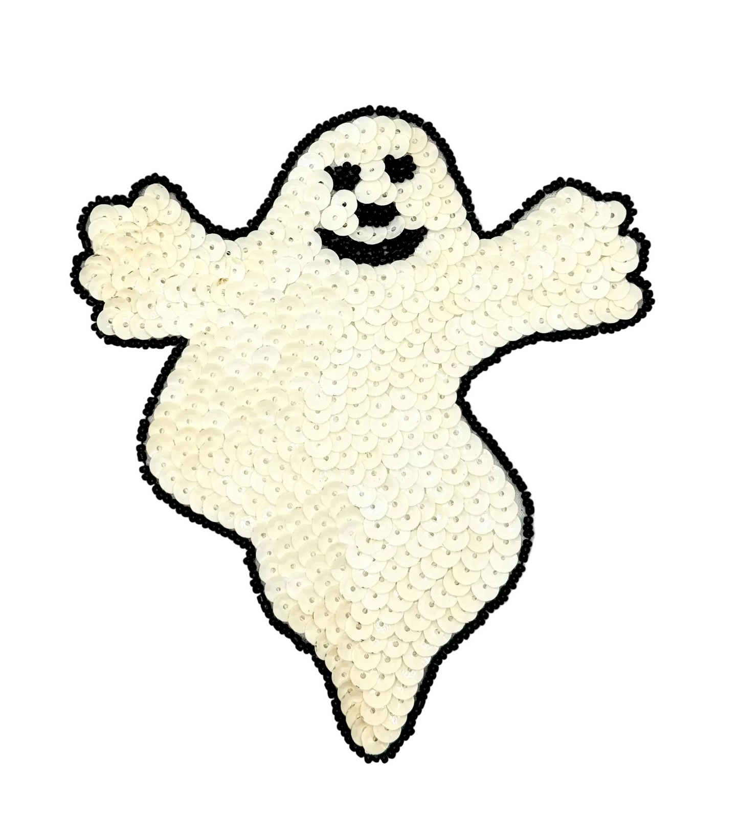 Ghost-shaped patch with a smiling face on a white background