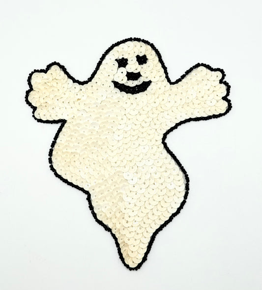 Ghost with Sequins and Black Beads Choice of Color: Off White or Beige 5" x 5"