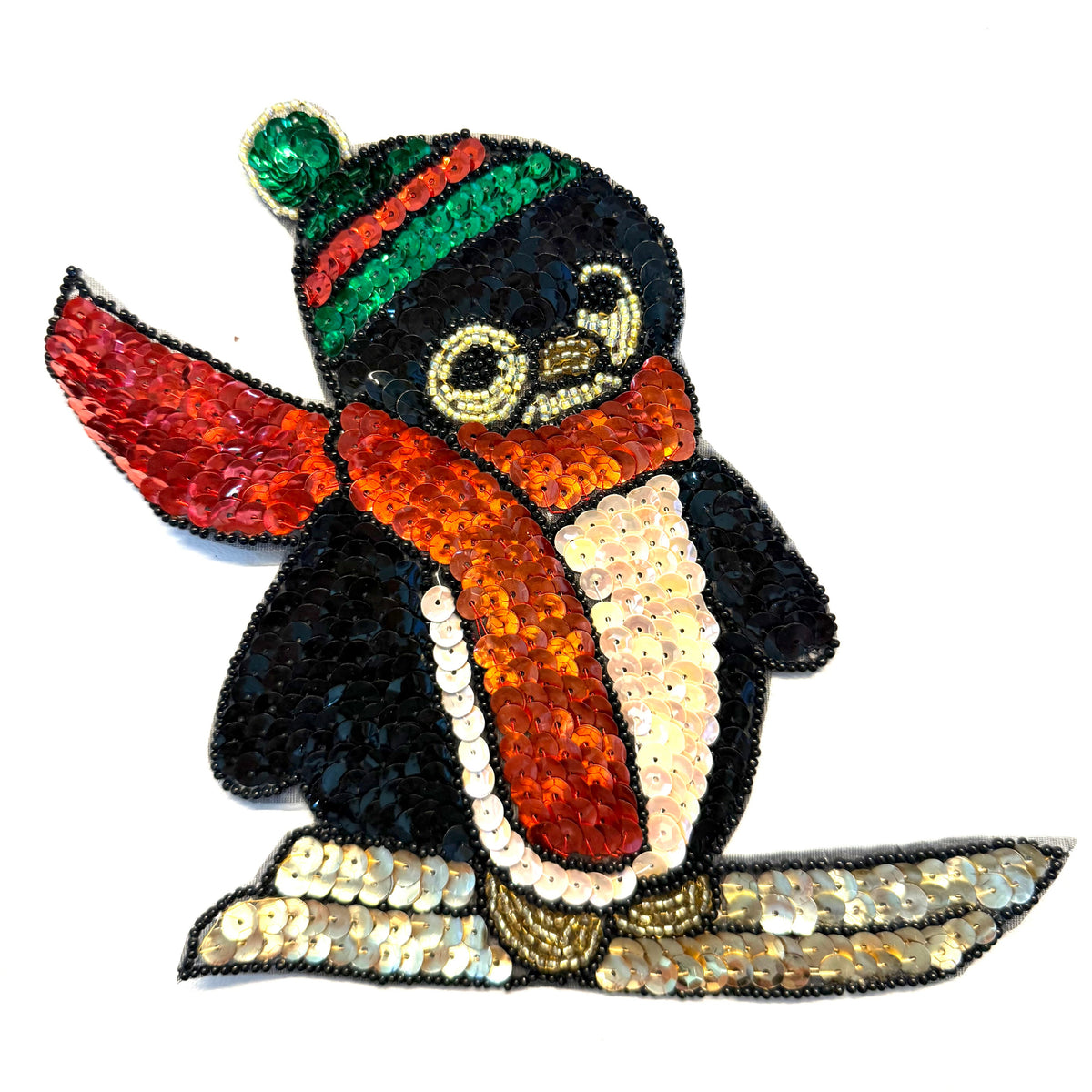 Skiing Penguin Sequin Appliqué with Beads, 6.5" x 6.5"