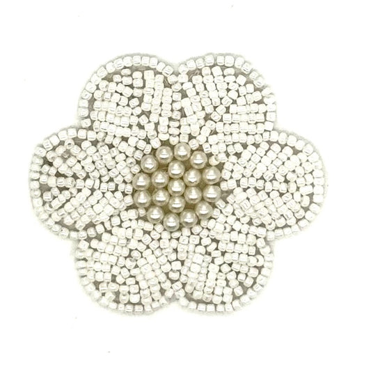 Flower Appliqué – White, Pearl & Glass Beads | 2.25"