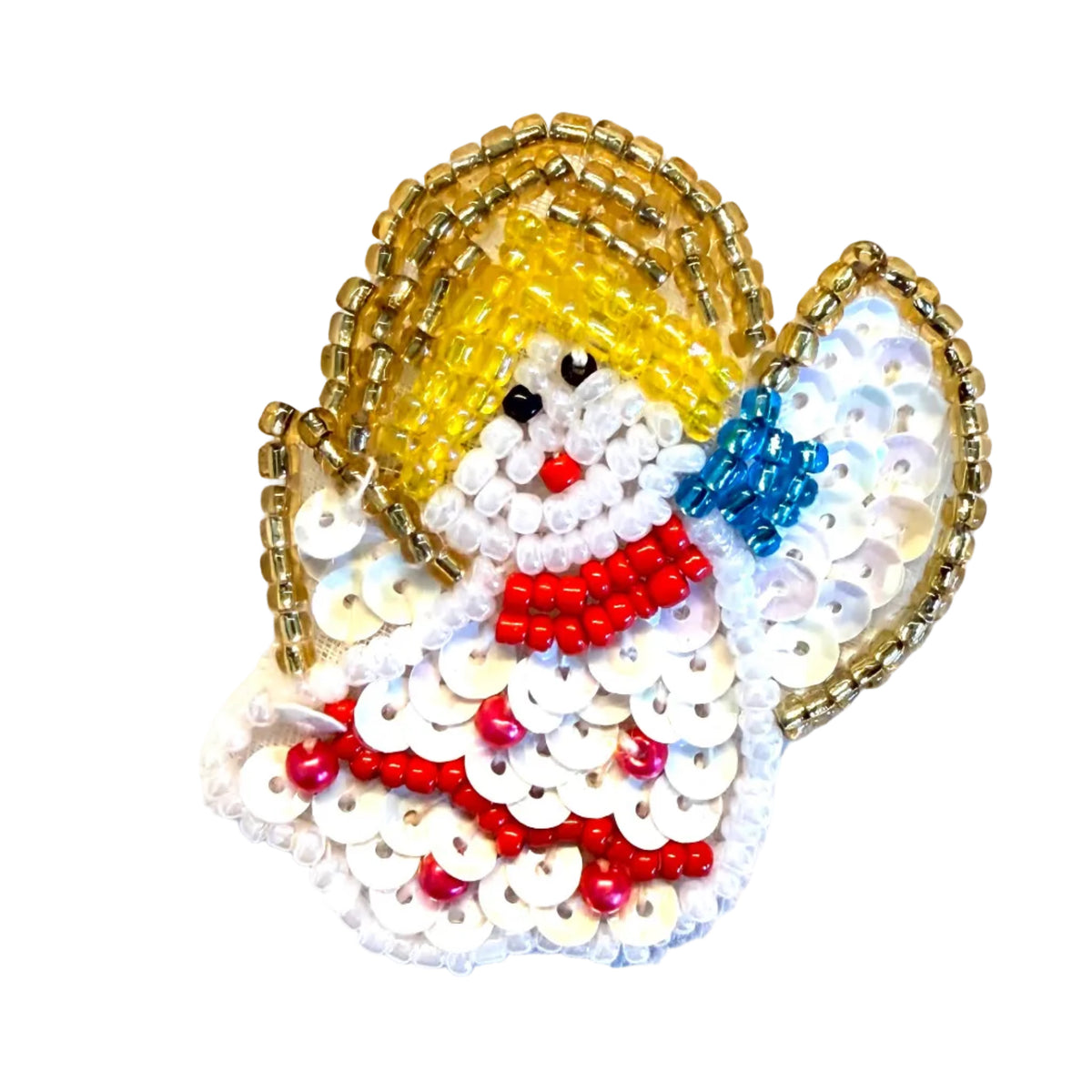 Ángel con lentejuelas y cuentas rojas, blancas y turquesas de 4,45 cm x 3,81 cm