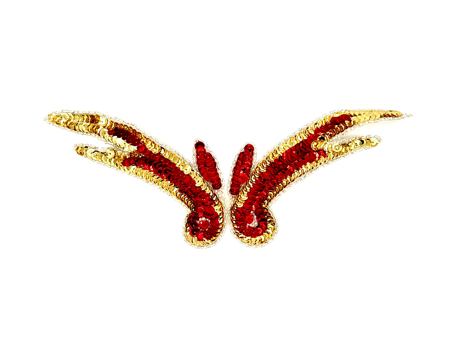 Designer Motif Wing - Red/Gold Sequins - Silver Beaded Trim 9”x 3”