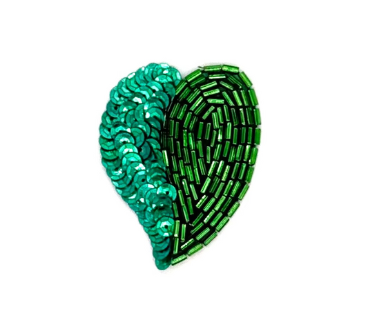 Heart Shaped Leaf Appliqué - Green Sequins/Beads 2" x 1.5"