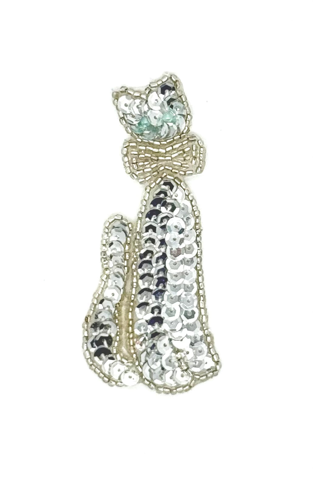 Cat Silver Sequin Beaded with Turquoise Eyes 3.5" x 1.5”