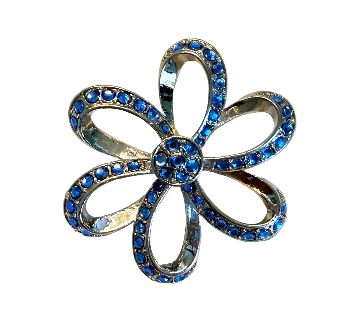 Sapphire Blue & Silver Jeweled Flower Ornament – 1.75"