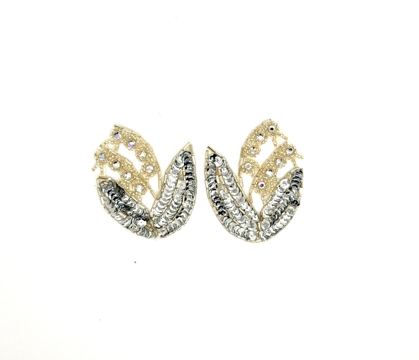 Flower Pair Appliqué – Ice Blue Sequins, Bugle & Glass Beads with Rhinestones 3" x 2.5"