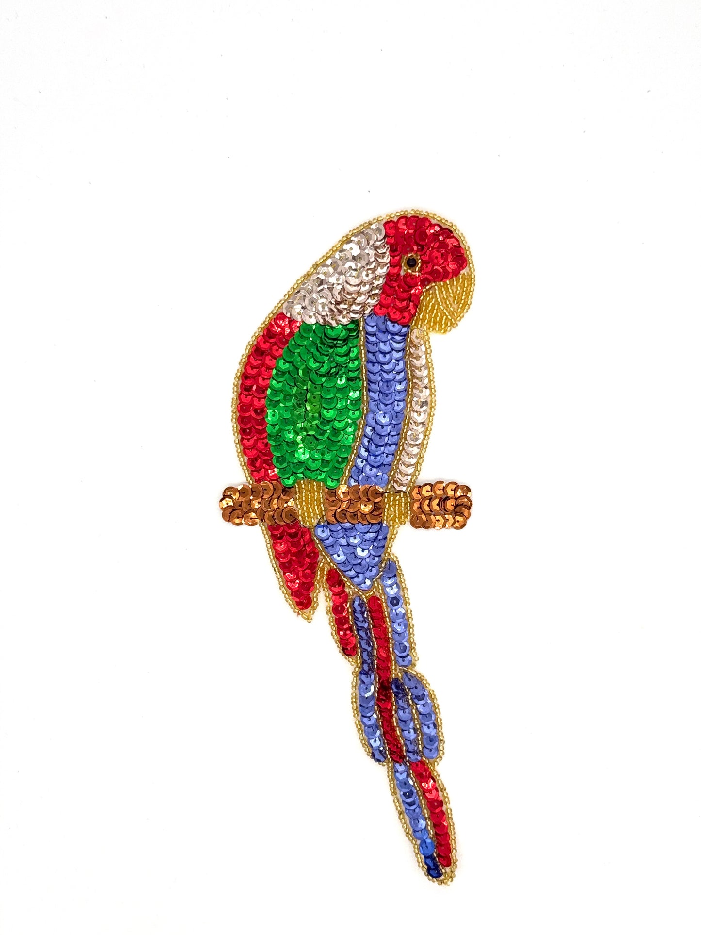 Parrot Perched on Branch - Multicolored Sequins - Gold/Black Beads 10" x 4.5"