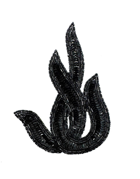 Handmade Designer Motif Black Leaf Appliqué with Black Sequins and Beads Applique 6" x 4"