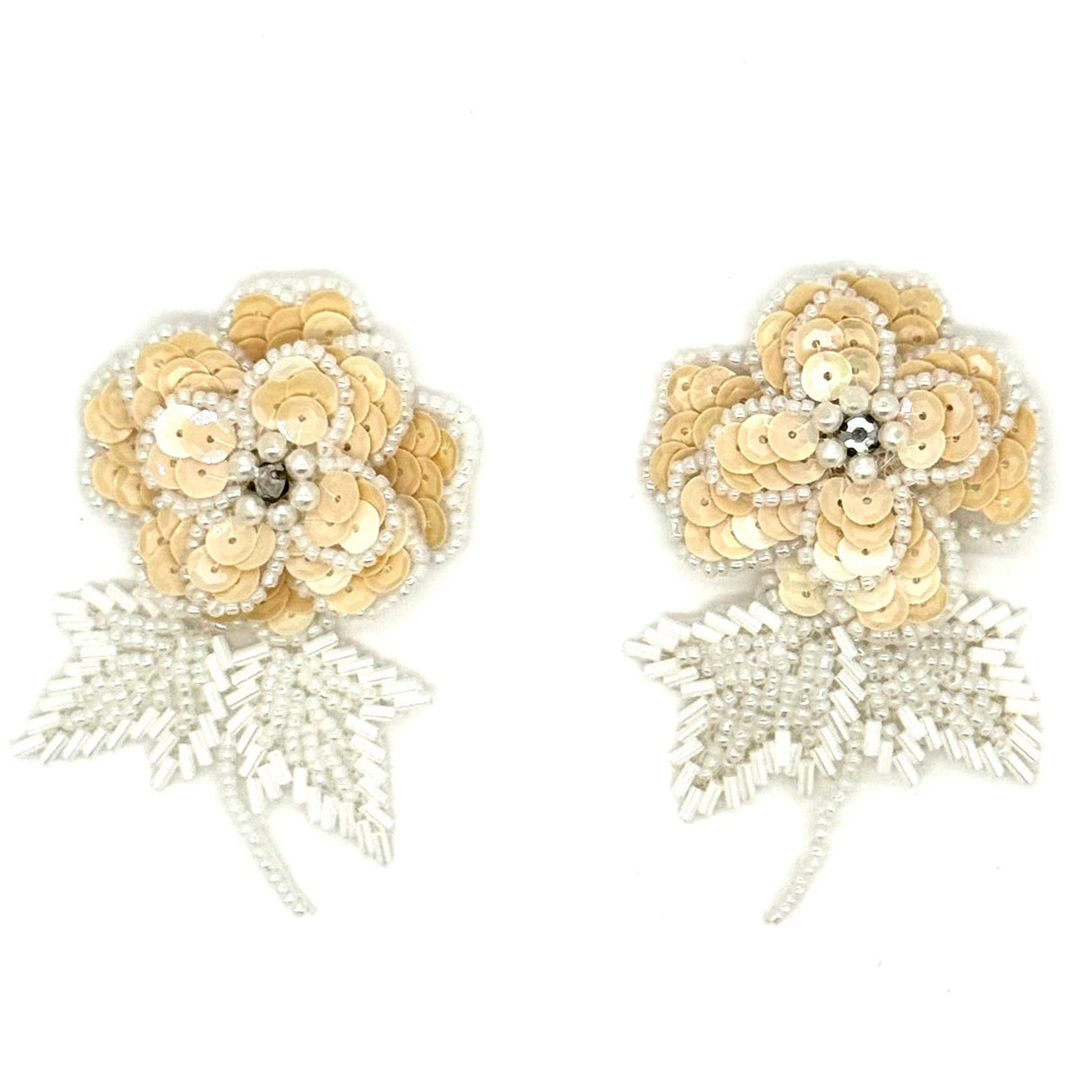 Triple-Layer Beige Sequin Flower Appliqué – Pair or Single – 3.25" × 2.25"
