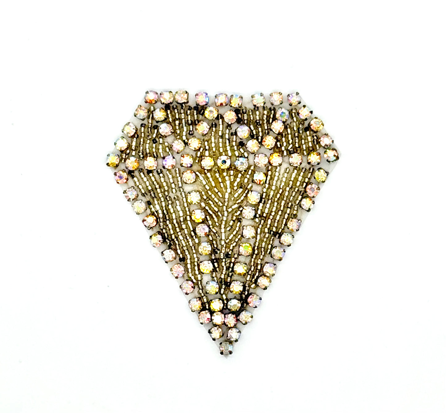 Motivo de diseñador con forma de diamante - Cuentas plateadas - Pedrería AB 3" x 3.5"