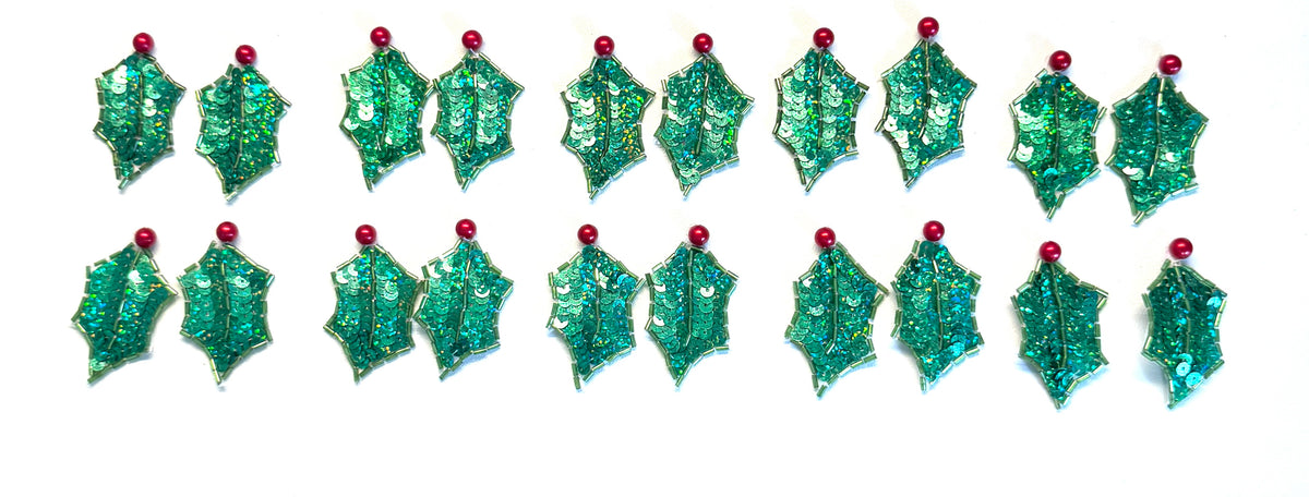 Holly Berry Leaf Sequin & Bead Appliqué - 2.25" x 1.5" - Singles or Pairs