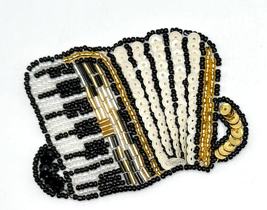 Accordion Appliqué with Black, White and Gold Beads and Sequins 2.5" x 3"