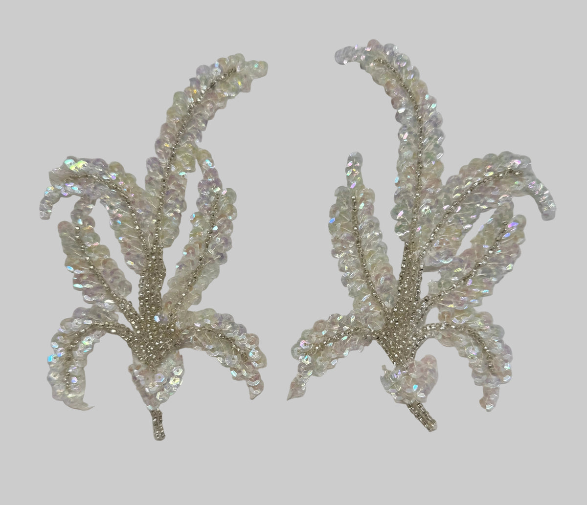 Iridescent Sequin & Silver Bead Leaf Pair Appliqué – 6" x 4" Embroidered Patch