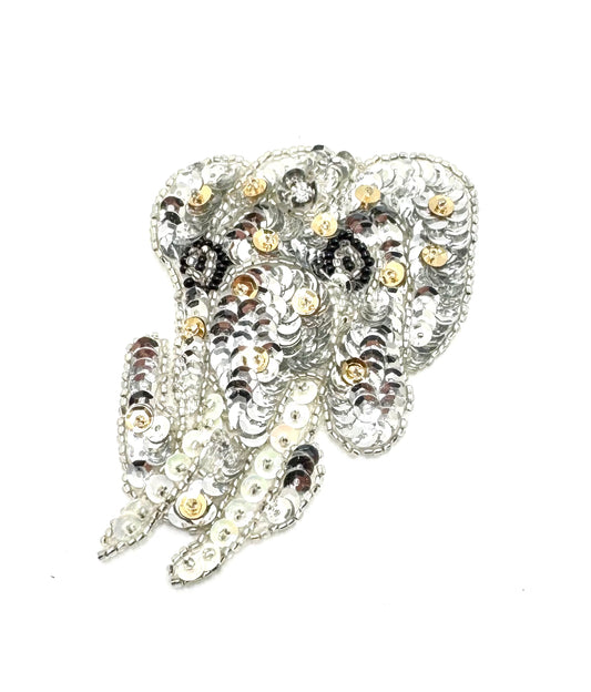 Elephant with Gold, Ivory and Silver Sequins, Silver, Black and Gold Beads and a Rhinestone 3.5" x 2.5"