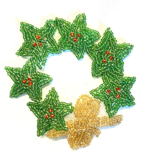 Vintage Beaded Christmas Wreath with Green Stars & Gold Bow, 3.5"
