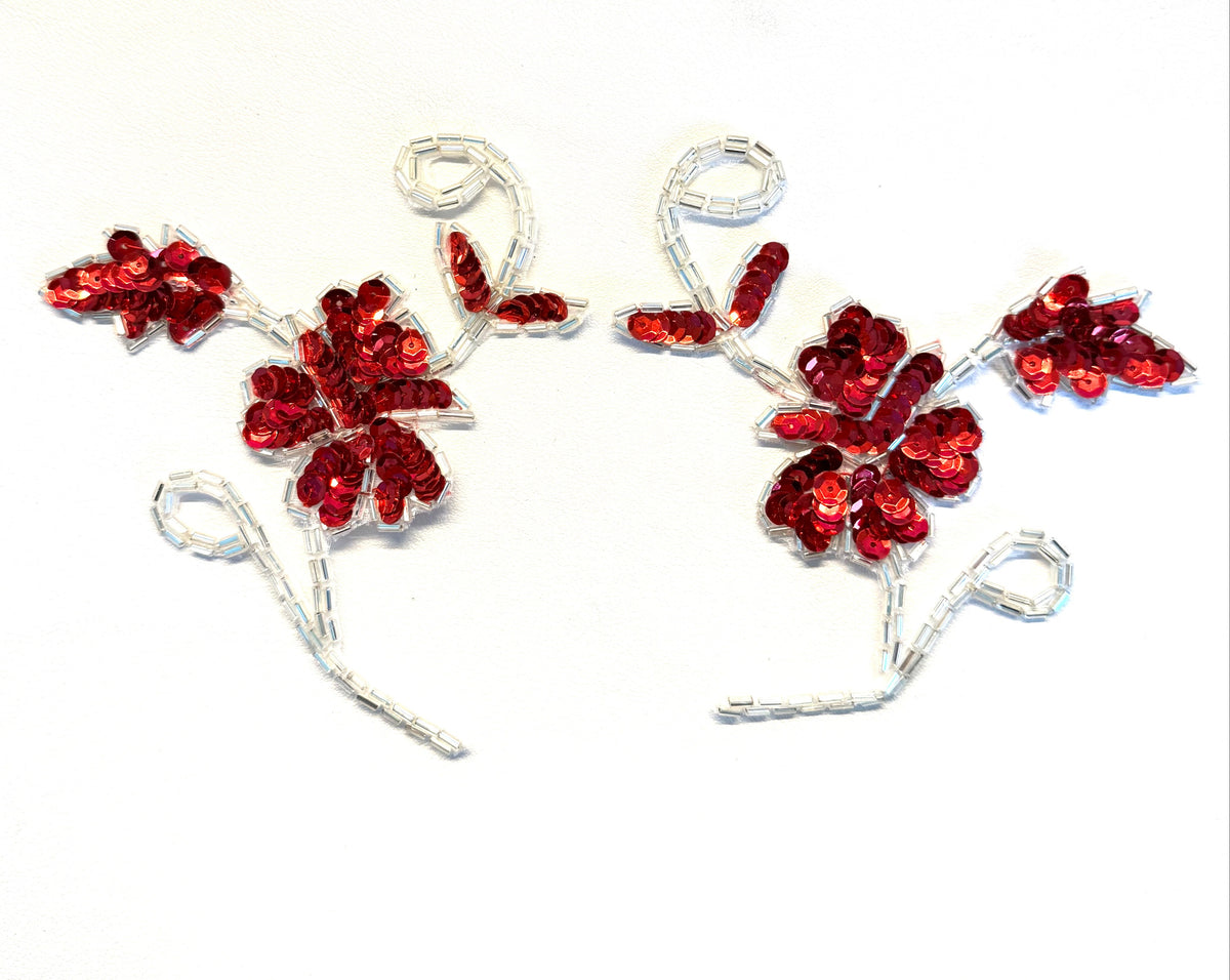 Par de flores con lentejuelas rojas y cuentas plateadas de 4.5"