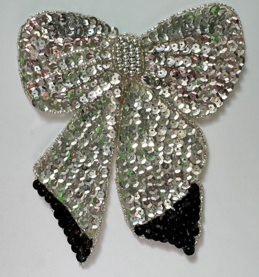 Bow with Silver with Black Sequins and Beads 5" x 5.5”