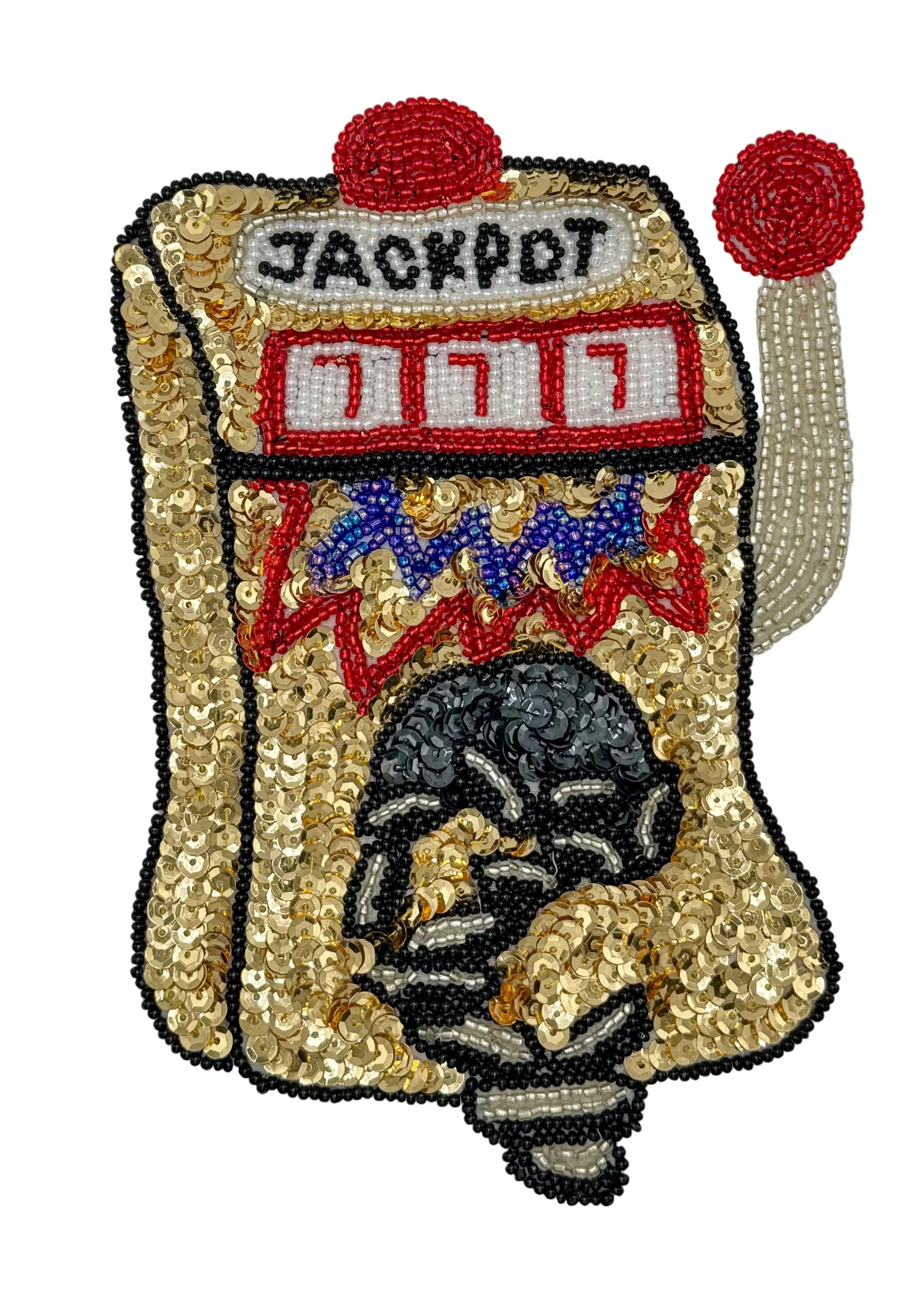 Decorative patch with a slot machine design, sequins on a white background.