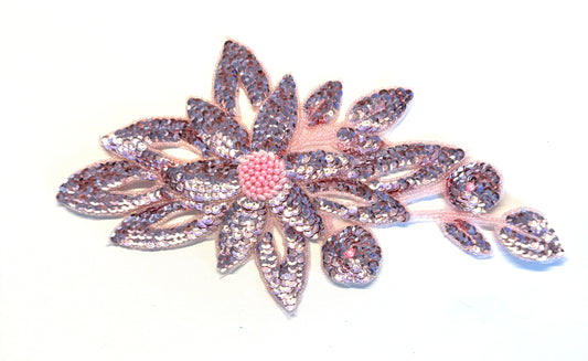 Pink Sequin Flower Appliqué with Glass & Pearl Beads, 11.5 x 6.5 in