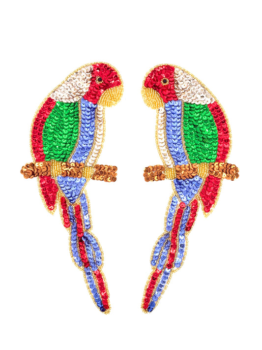 Parrot Perched on Branch - Multicolored Sequins - Gold/Black Beads 10" x 4.5"