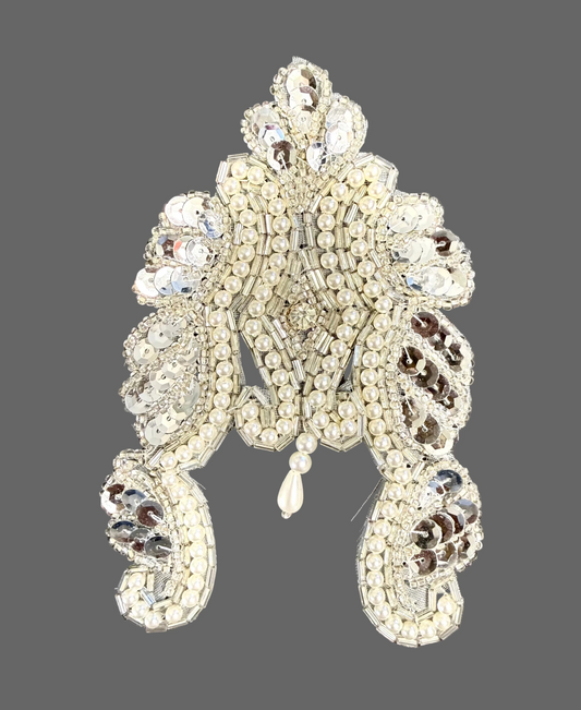 Designer Motif - Pearls Rhinestones - Silver Sequins - Beads 5.5" x 4"