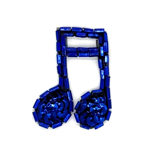 Musical Double Note Appliqué - Royal Blue Sequins - Glass Beads  1.75" x 1.5"