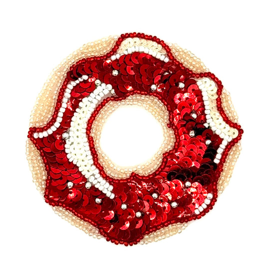 Aplique de Dónut de Glaseado Rojo con Lentejuelas y Cuentas 3.5"
