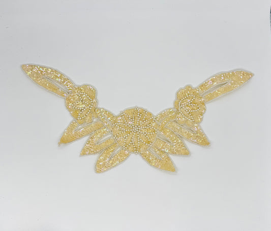 Designer Motif Flower Neckpiece - Cream Sequins - White Beads  16" x 7.5"