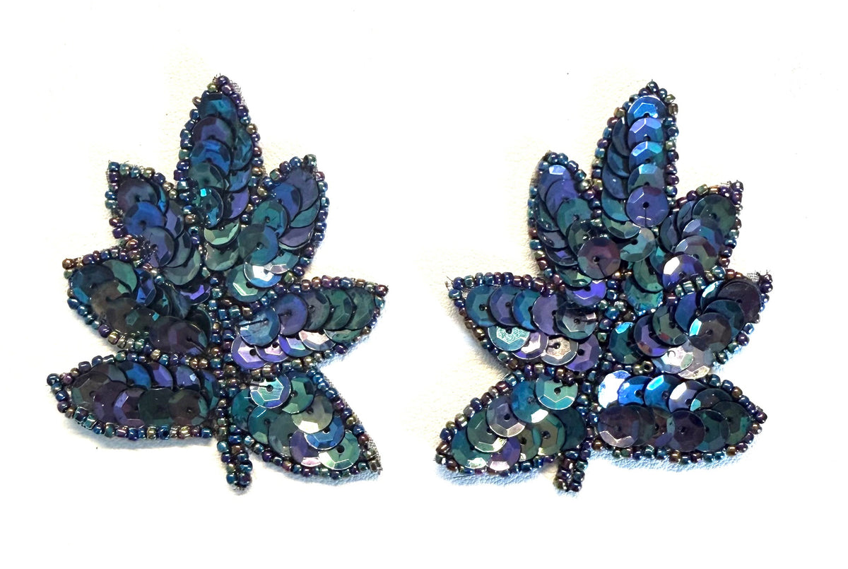 Moonlight Sequin & Glass Bead Leaf Appliqué, 2.5" x 2" – Single or Pair