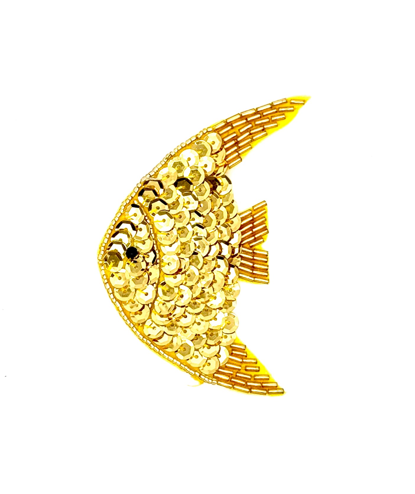 Gold fish-shaped decorative item with sequin texture on a white background