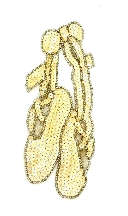 Ballet Slippers -  Ivory Sequins - Silver Glass Beads 6.75" x 3.5"