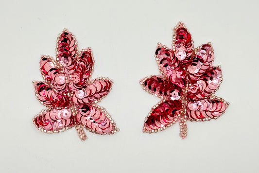 Leaf Pair with PInk Sequins and Silver Beads 2.5" x 2"