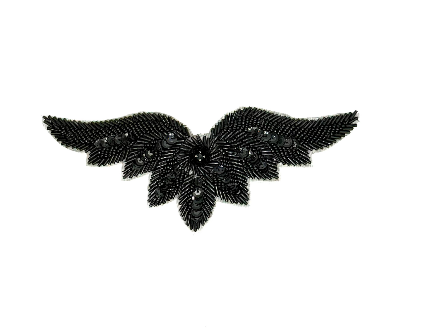 Designer Motif - Wing Shaped - Black Sequins/Beads - Black Center Stone 7.5x 3”