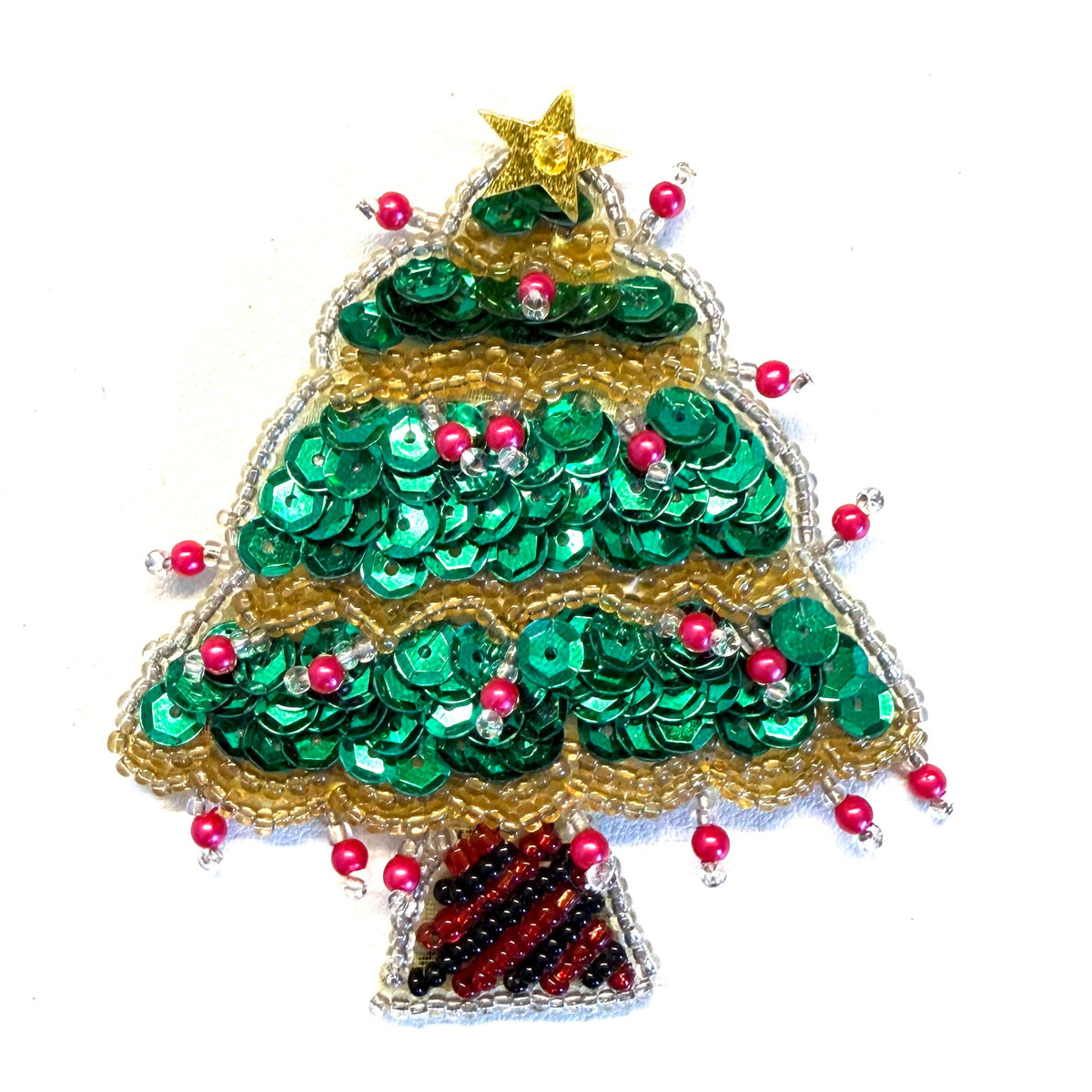 Christmas Tree Sequin Appliqué with Ornaments, Clear or Gold Star