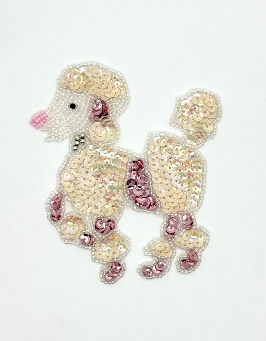 Poodle with Pink and Iridescent  Cream Sequins and Silver Beads 4.25” x 3.5”